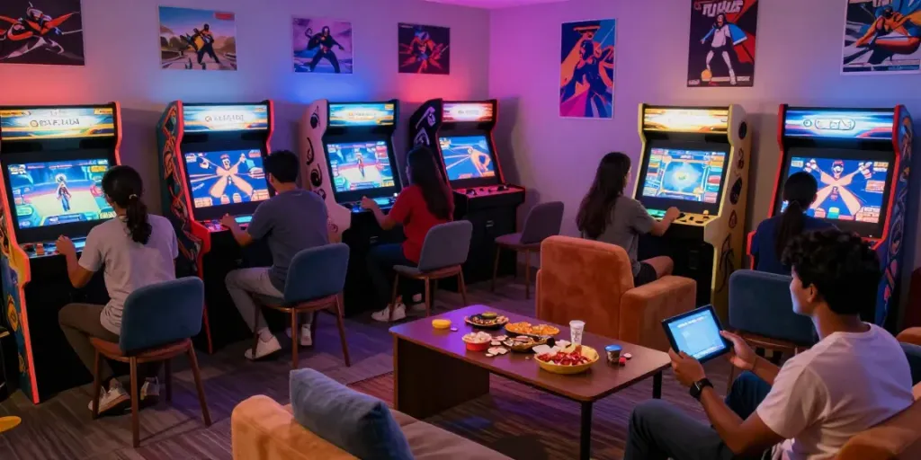 Friends enjoying Yono Arcade games on mobile devices in a colorful gaming room