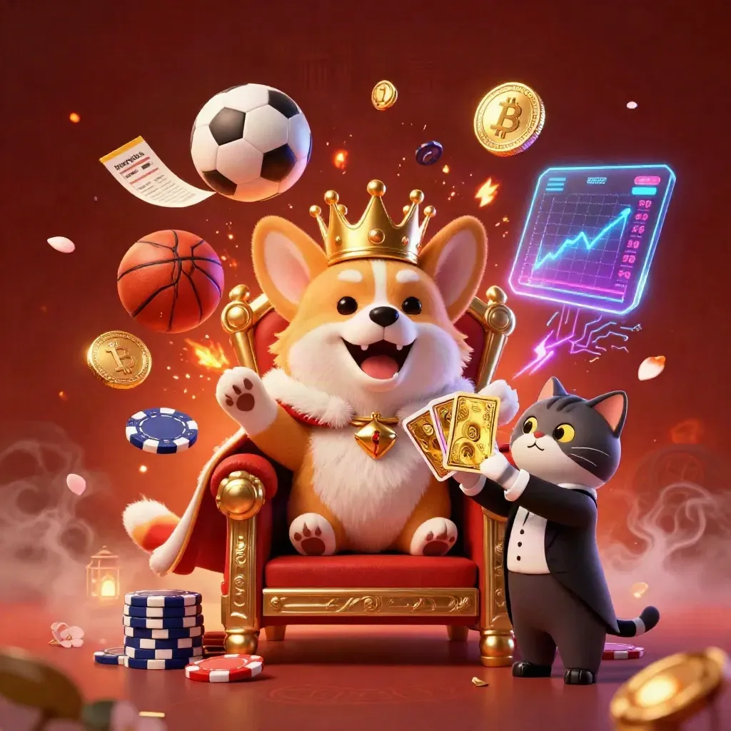 Corgi king and cat butler amid flying coins, balls, and neon casino effects.