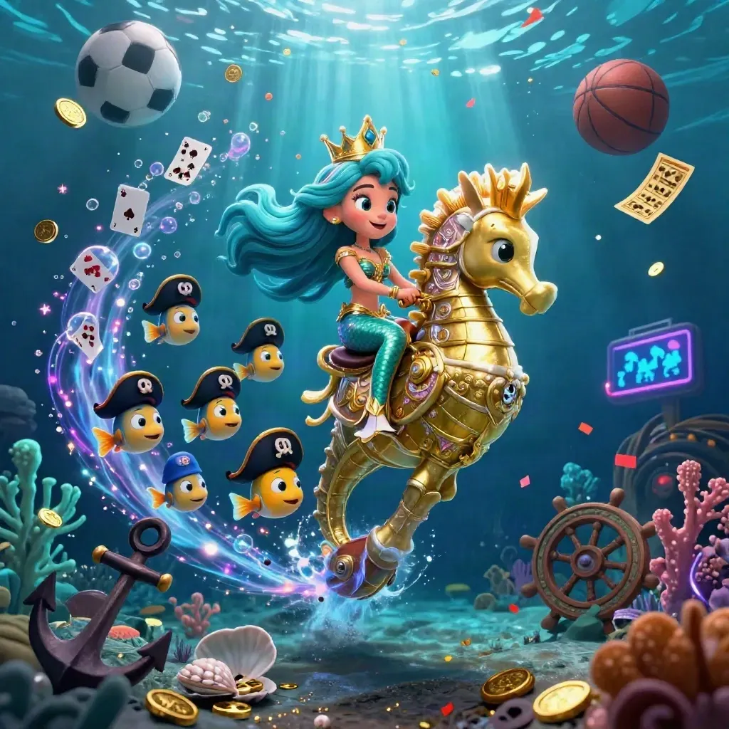 Mermaid princess on a golden seahorse amid pirate fish, coins, coral, cards, and glowing underwater effects.