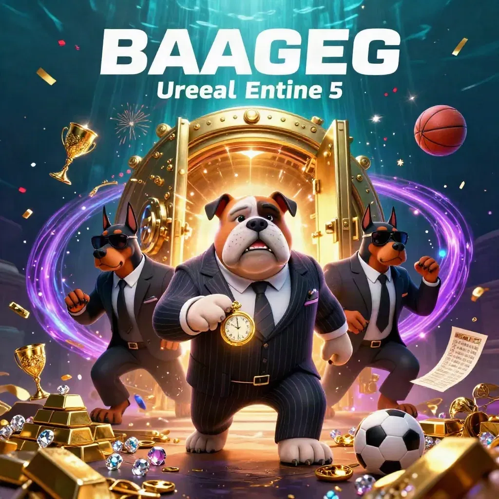 Bulldog boss and Doberman guards burst from a glowing gold vault amid treasure and neon effects.
