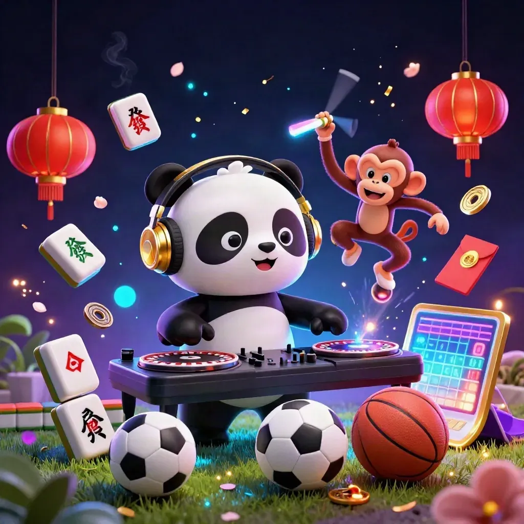 DJ panda, breakdancing monkey, and glow-stick kitten amid casino sports effects and flying balls