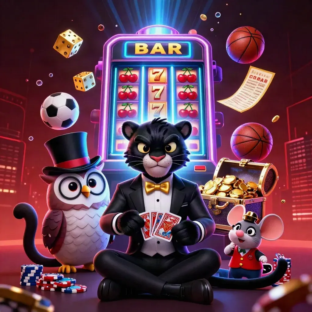 Cartoon casino animals amid flying chips, slot symbols, sports balls and neon blue-purple glow.