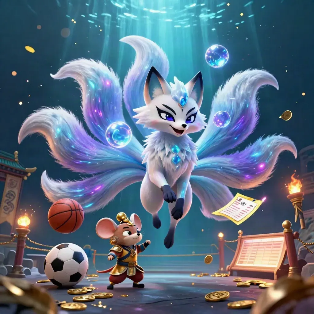 Neon fox spirit and armored mouse amid flying balls, feathers, coins, and blue-purple god-rays.