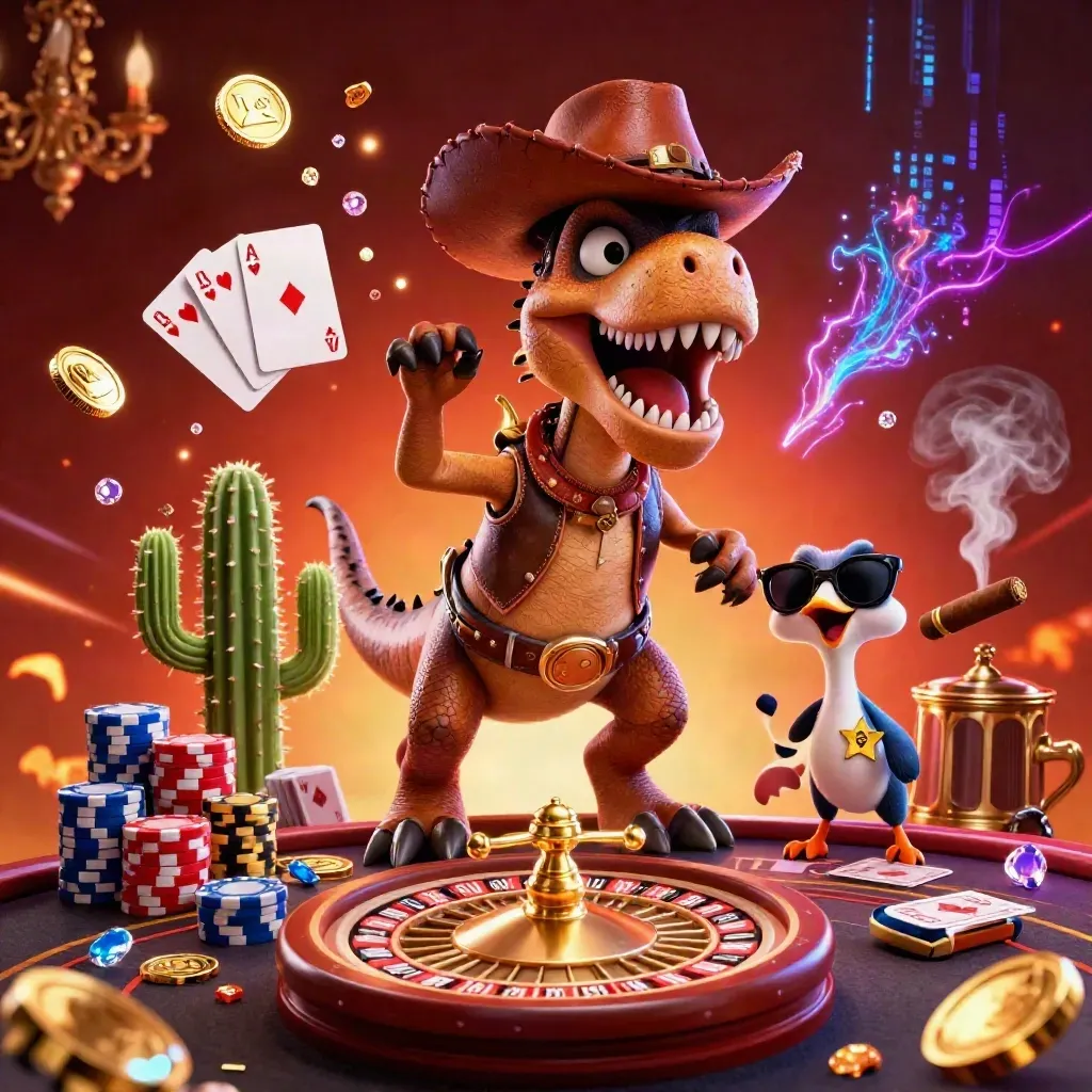 Cowboy T-Rex, cactus sidekick, and sheriff roadrunner amid casino glow and flying gold.