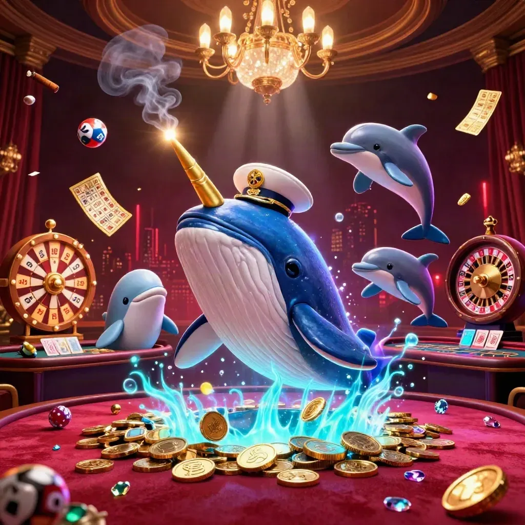 Whale, narwhal and dolphins explode through coins in a neon casino room with cards, wheel and glow