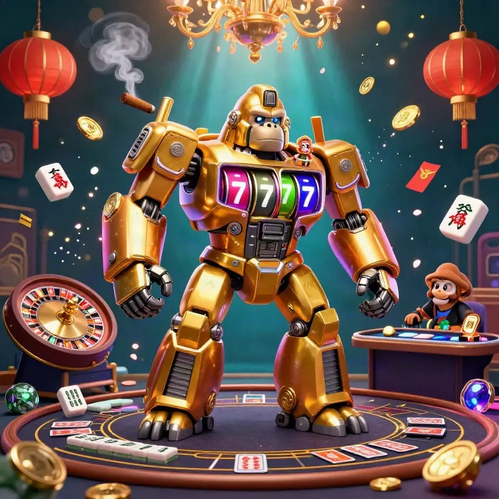 Golden gorilla mech and tiny monkey amid casino luxuries, neon light, coins, lanterns, and smoke.
