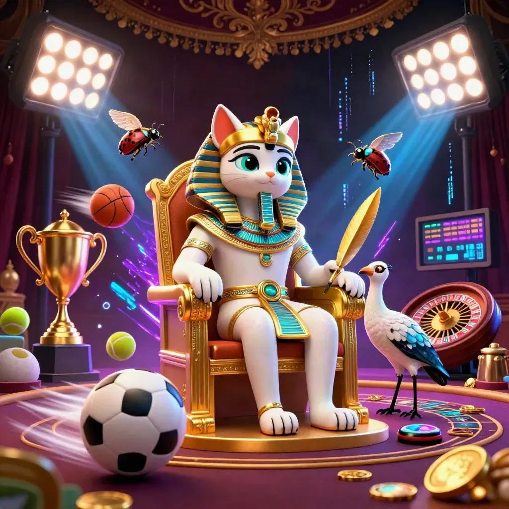Pharaoh cat on a golden throne with ibis scribe, scarabs, sports balls, and casino lights