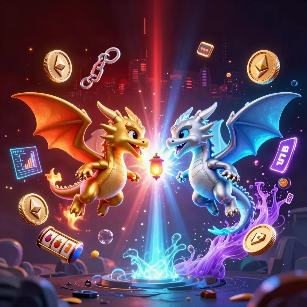 Twin gold and silver dragons in a neon yin-yang with coins, reels, and electric glow.