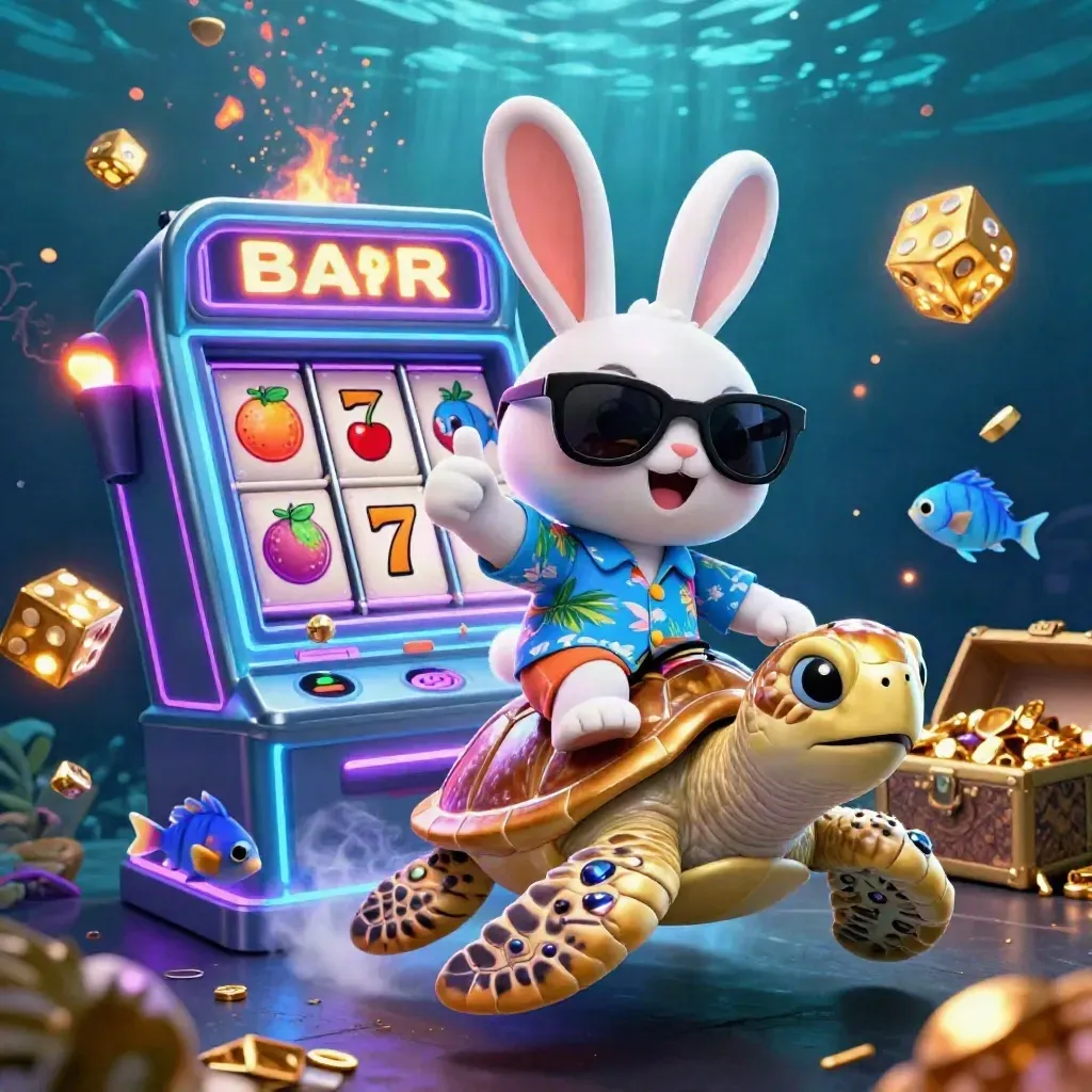 Rabbit in shades rides a gem-shell sea turtle as slot symbols burst underwater.