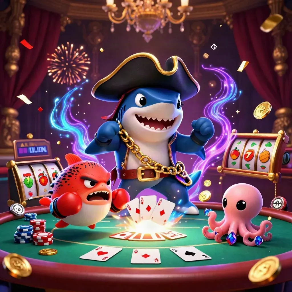 Pirate shark, boxing pufferfish and juggling octopus explode over a neon casino poker table.