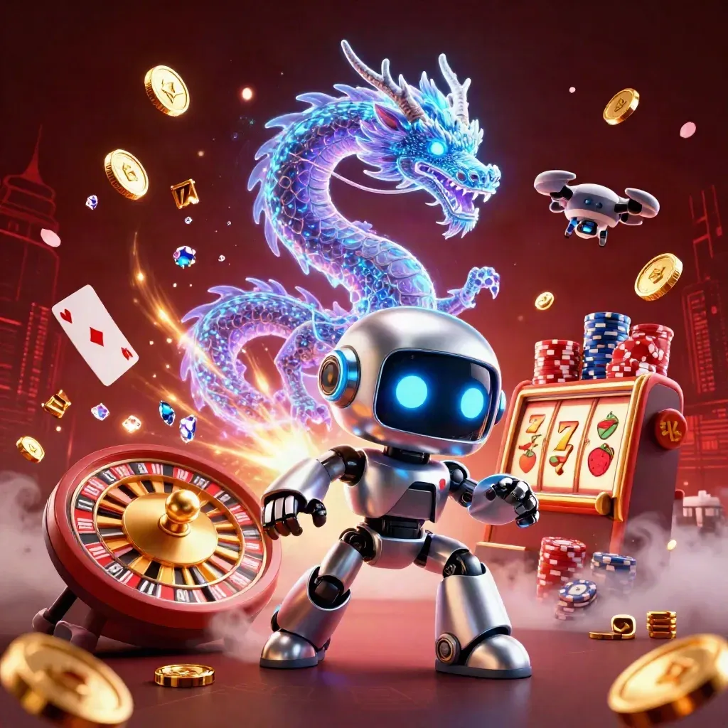 Cyberpunk robot, holographic dragon and coin drone amid casino loot, neon-blue glow.