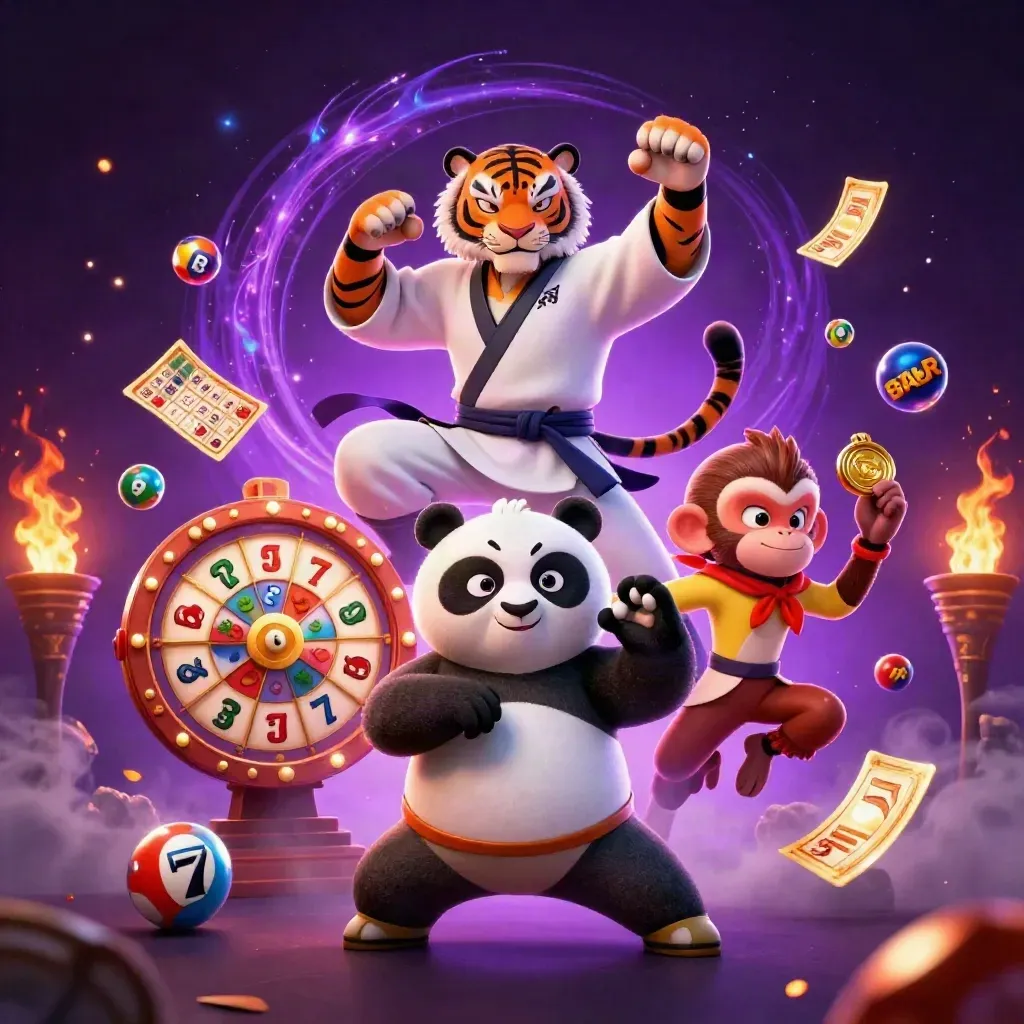 Kung-fu tiger, panda, and monkey amid casino bursts of balls, wheel, tickets, and purple energy.