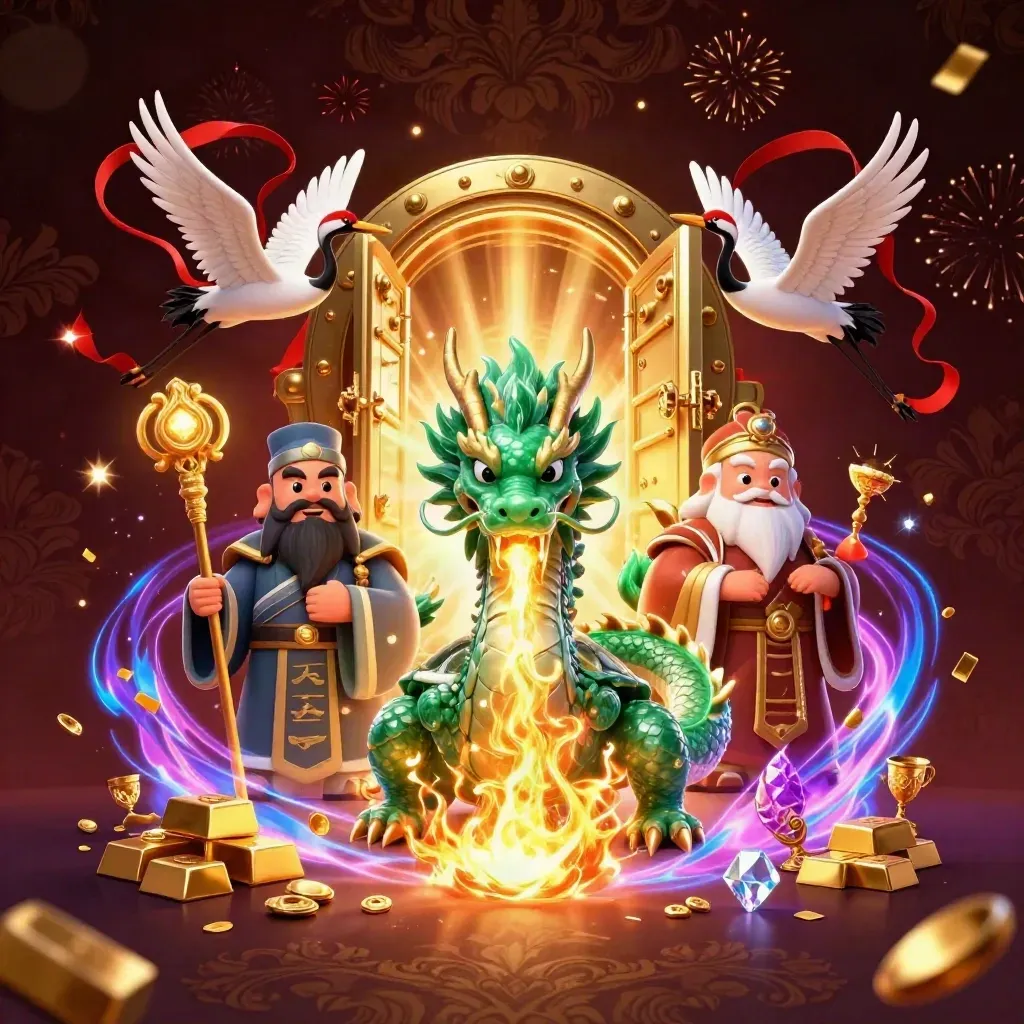 Emerald dragon, turtle sage, and cranes burst from a treasure vault in neon casino fantasy.