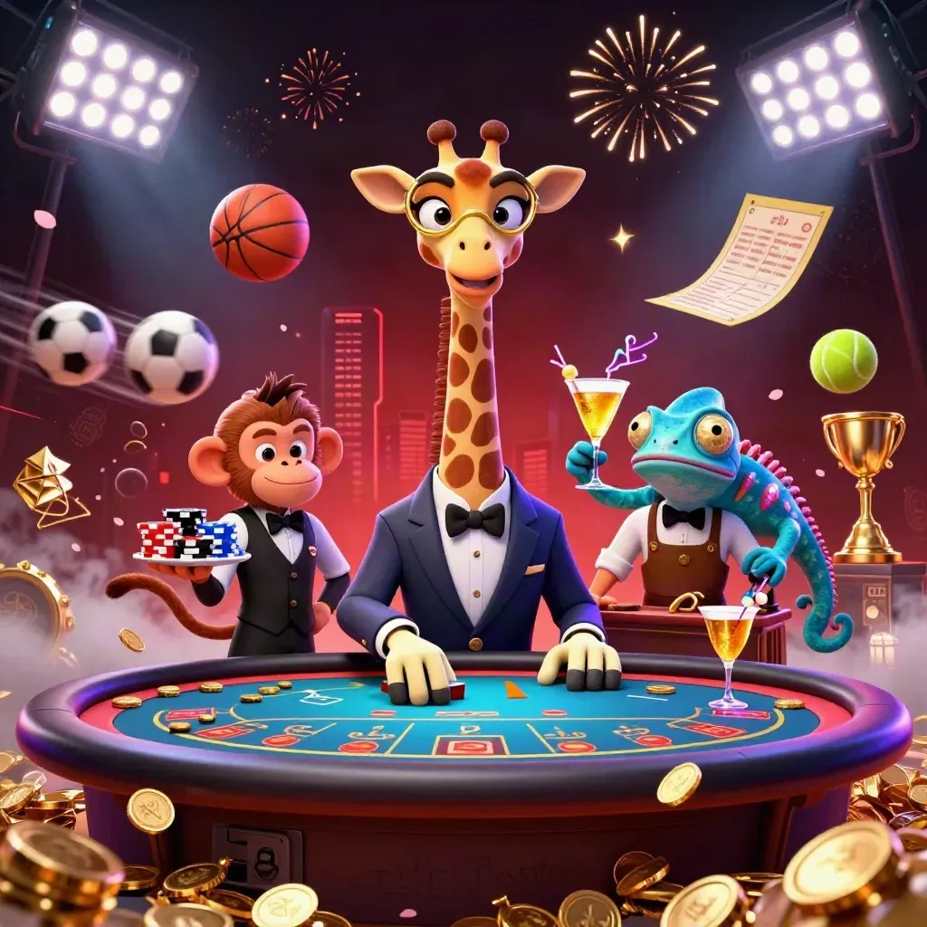 Giraffe VIP, monkey valet, and chameleon bartender amid coins, fireworks, and sports balls