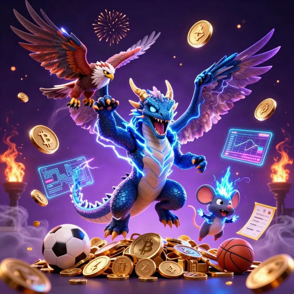 Thunder dragon, hawk, and mouse amid coins, fireworks, and esports betting symbols.