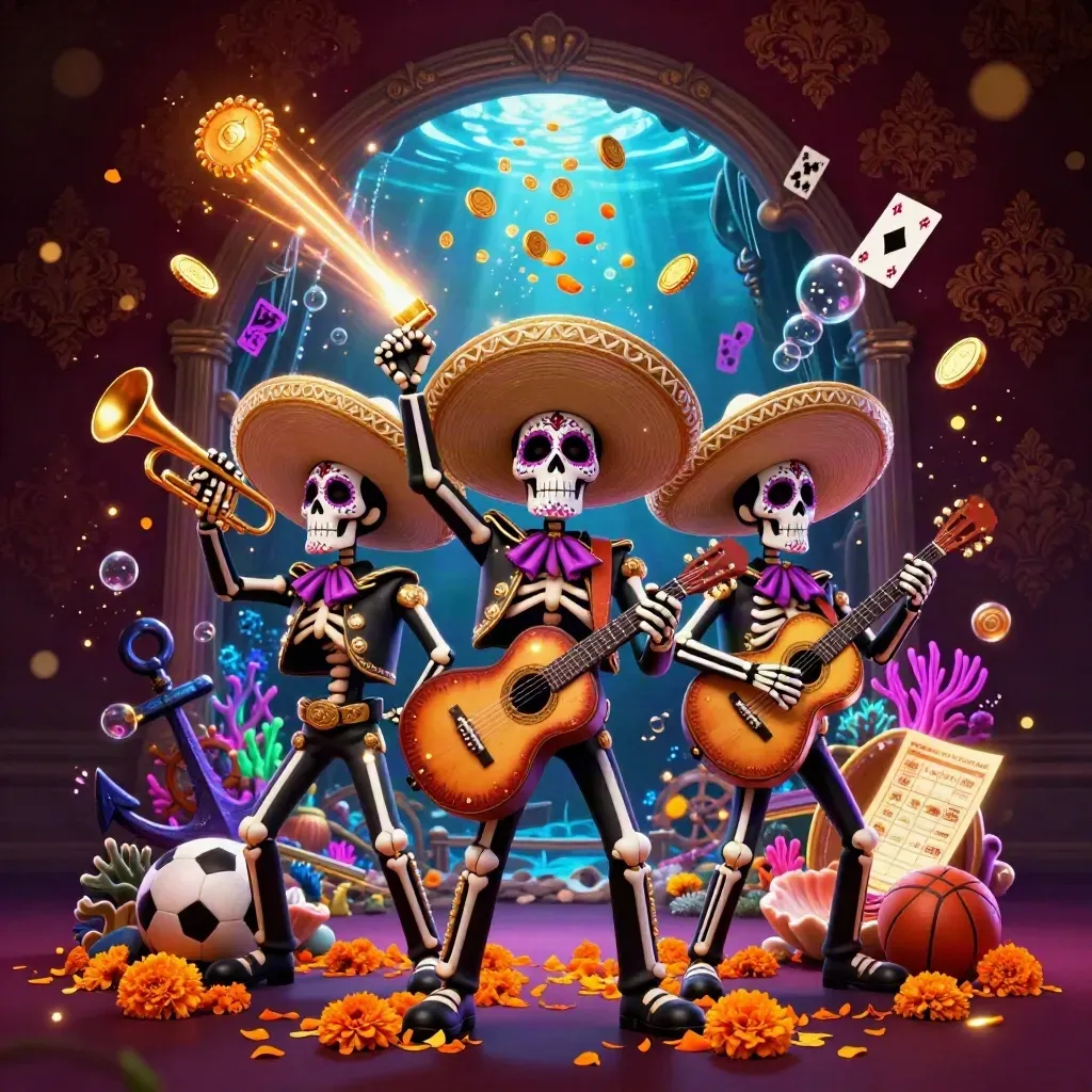 Skeleton mariachi trio amid gold coins, treasure, coral, and fireworks in a luxe casino scene.