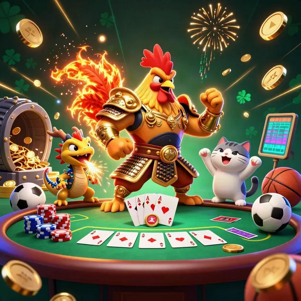 Rooster warrior, dragon hatchling and fortune-cat celebrate amid coins, fireworks and casino props.