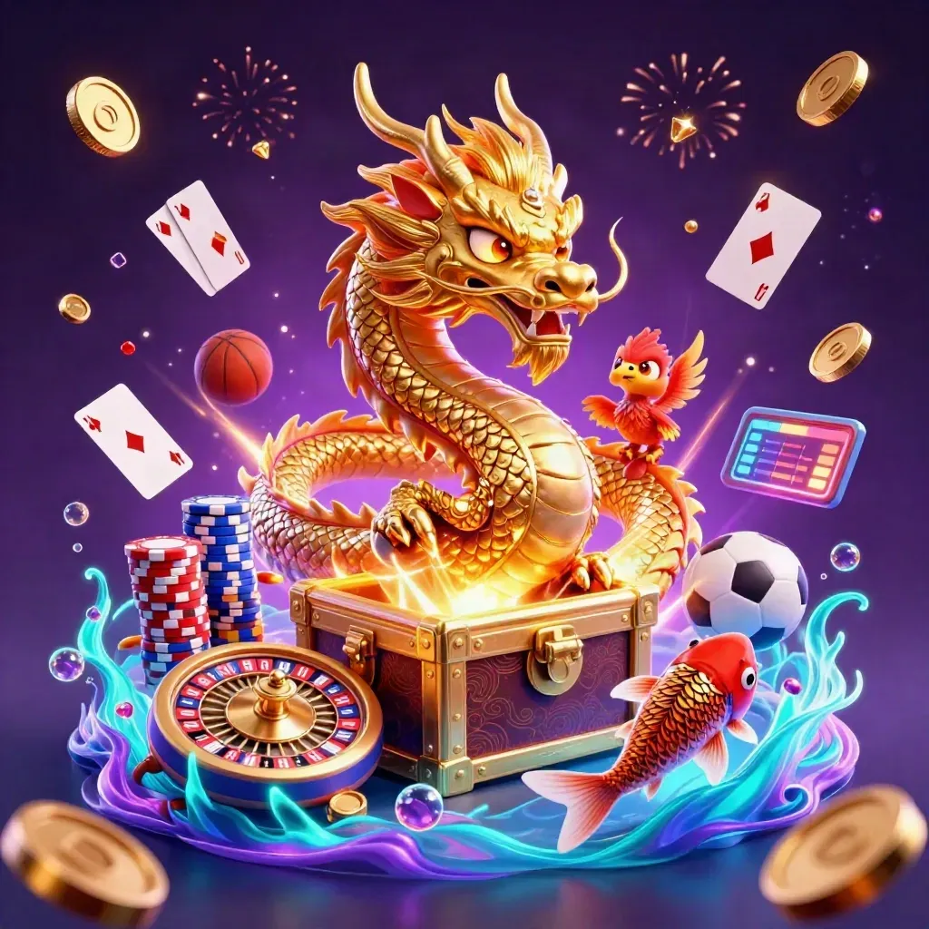 Golden dragon, phoenix, koi, coins, chips, and casino symbols exploding in neon fantasy light.