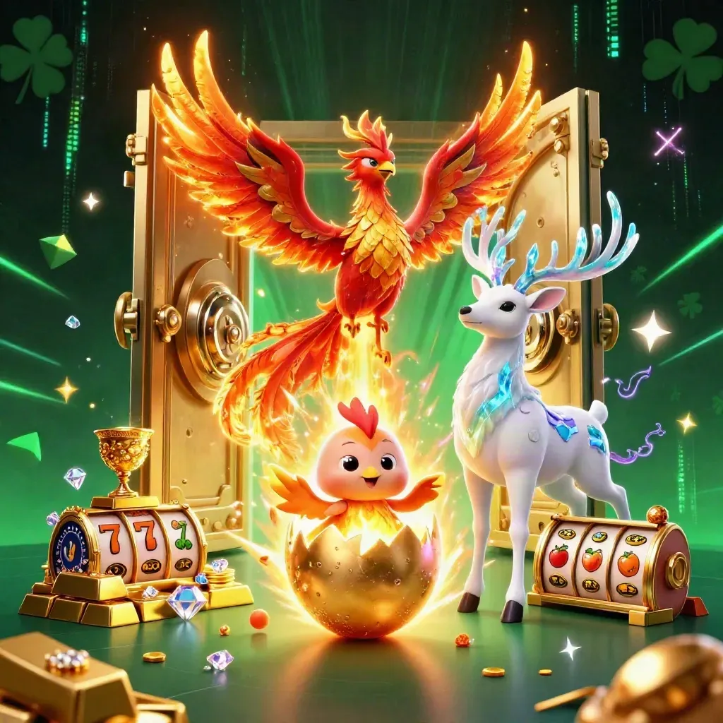 Fire phoenix, baby phoenix, and crystalline stag amid vault gold, neon streaks, and casino effects.