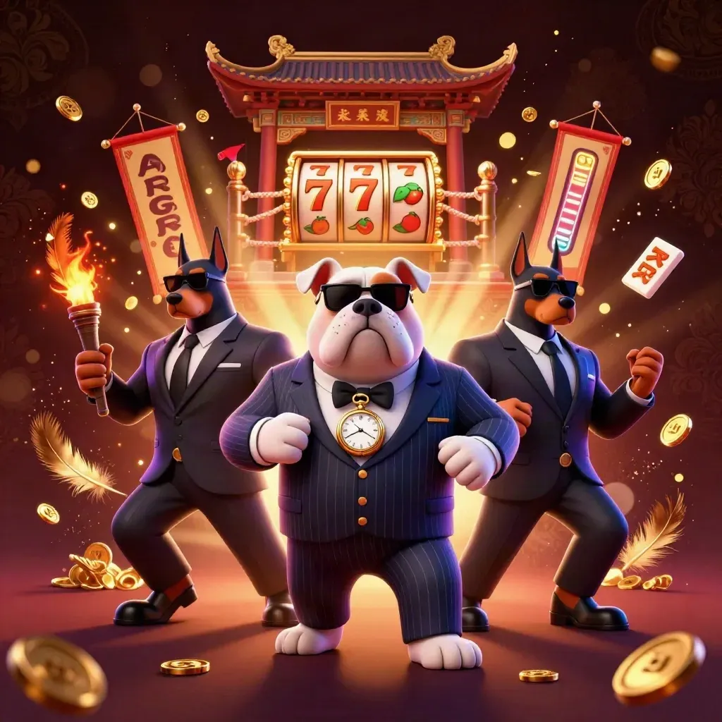 Bulldog boss and two Doberman guards amid gold coins, reels, temple gate, and casino glow.