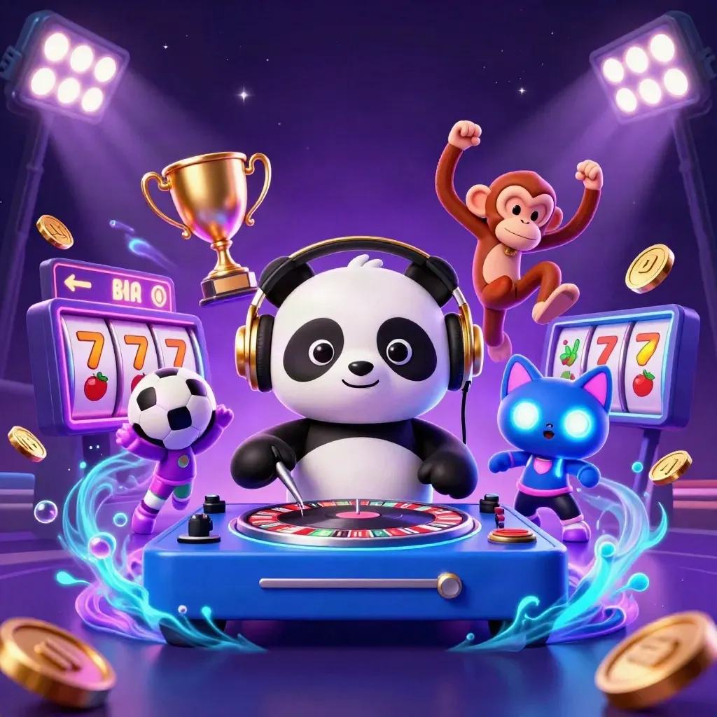 DJ panda, breakdancing monkey and glow-stick kitten amid neon casino effects and sports gear.