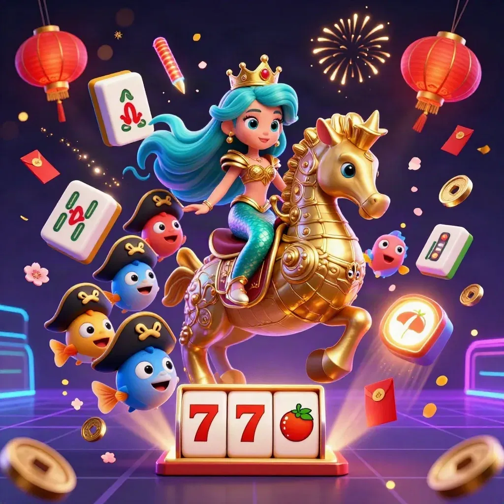 Mermaid princess on armored seahorse with pirate fish and neon casino symbols in a dark glow