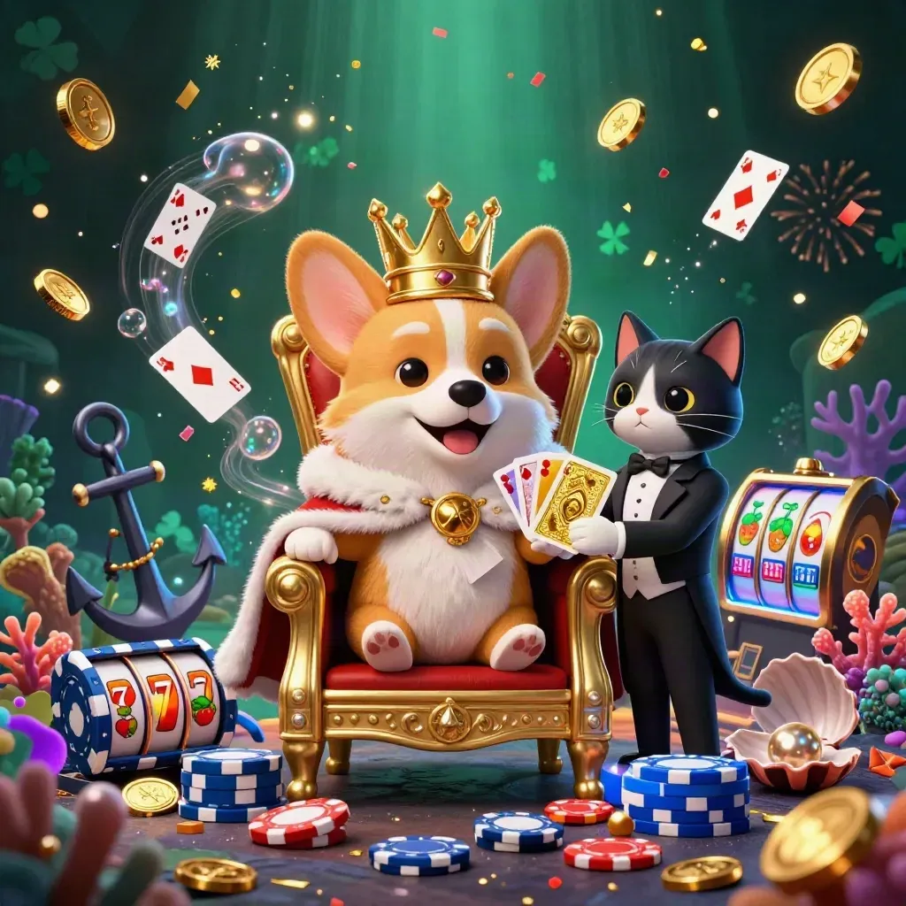 Royal corgi and cat butler amid casino treasure, cards, reels, and glowing ocean loot.