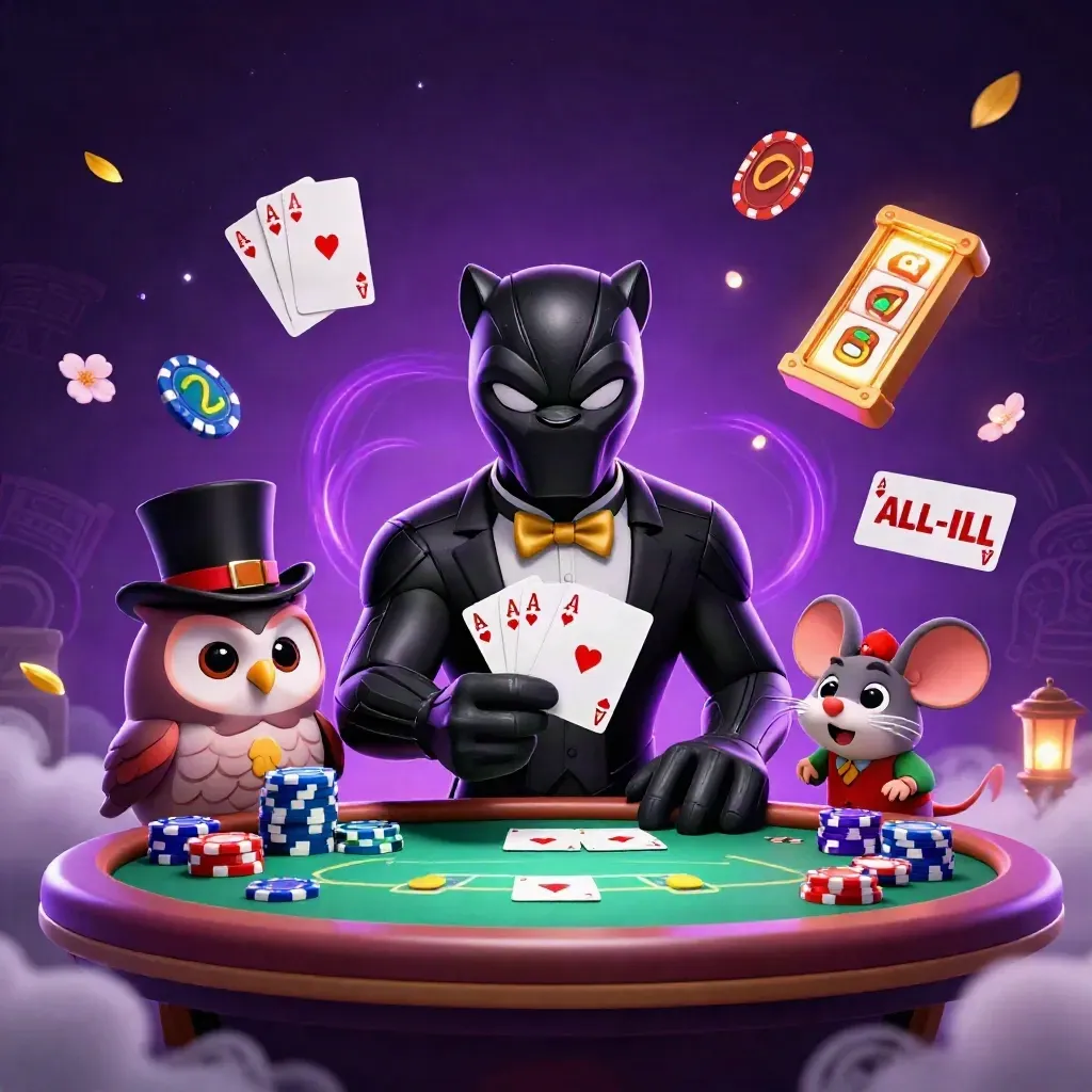 Panther, owl, and mouse deal cards amid chips, reels, and purple-blue casino magic.