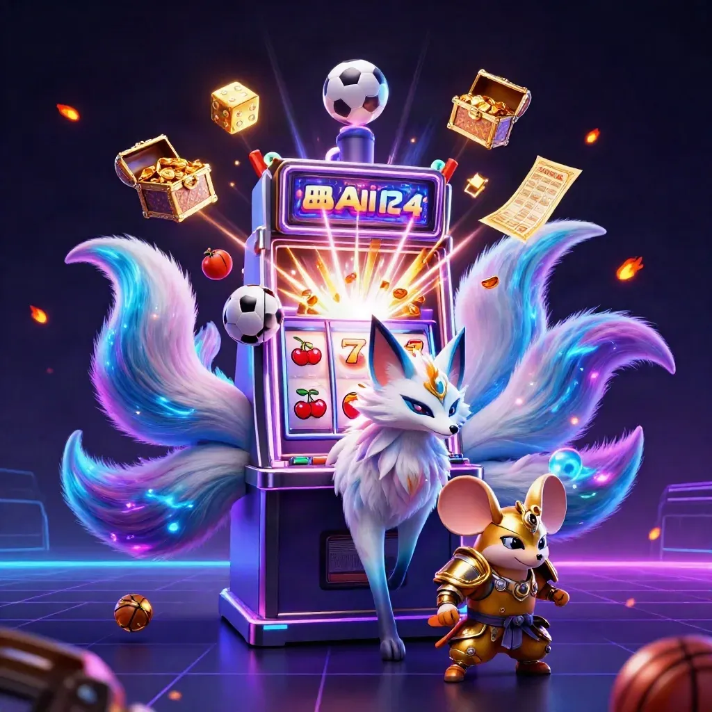 Nine-tailed fox spirit and armored mouse around a bursting slot machine with gold, dice, and neon glow.
