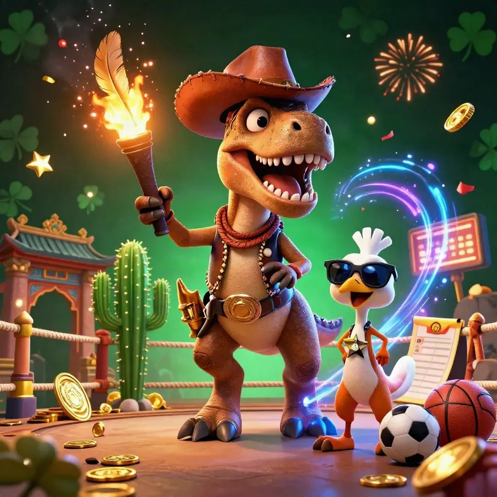 Cowboy T-Rex, cactus sidekick, and roadrunner amid neon casino sparks and gold relics.