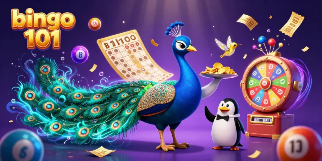 Permainan bingo 101 dengan kartu bingo dan bola warna-warni dalam suasana meriah.