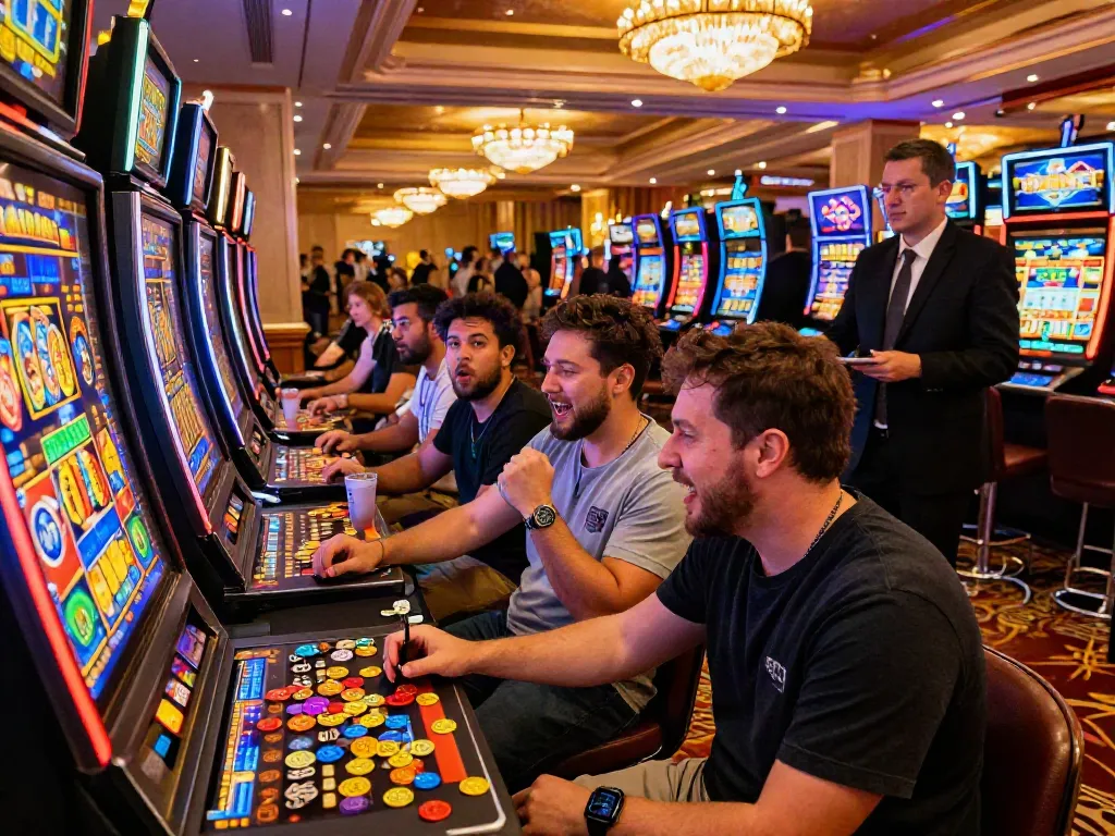 Diverse players celebrating a win at a slot jackpot machine in a vibrant casino atmosphere.