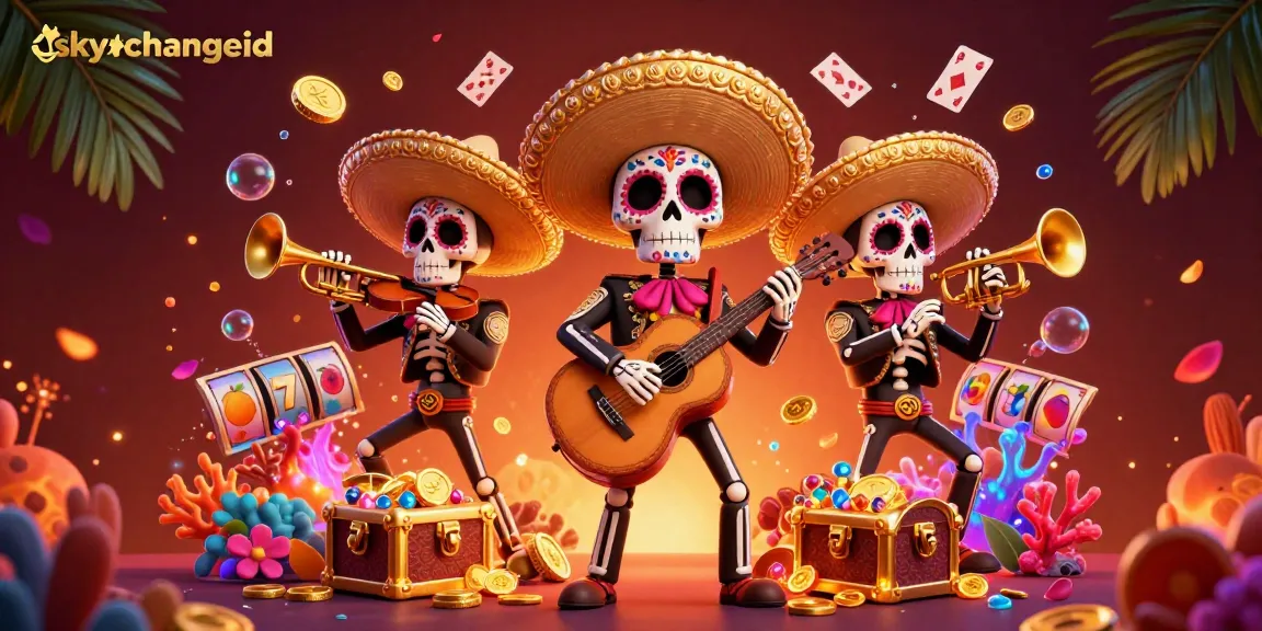 Engage with the vibrant skyxchangeid platform through lively gambling elements in a mariachi-themed digital illustration.