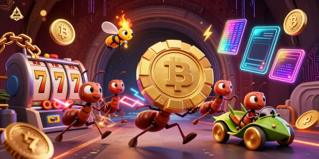 Experience an adventurous heist scene with ants at AKADEMIGAMING, as they carry a giant poker chip among vibrant gambling elements.