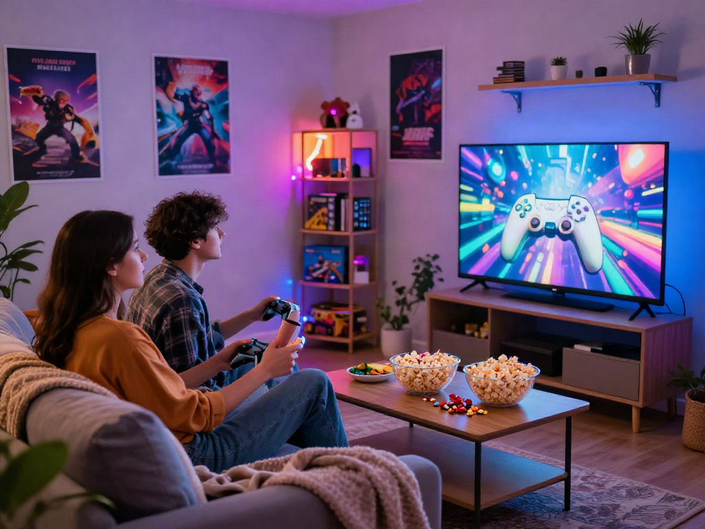 Engaging scene of a couple enjoying sex games in a cozy lounge with snacks and colorful lights.