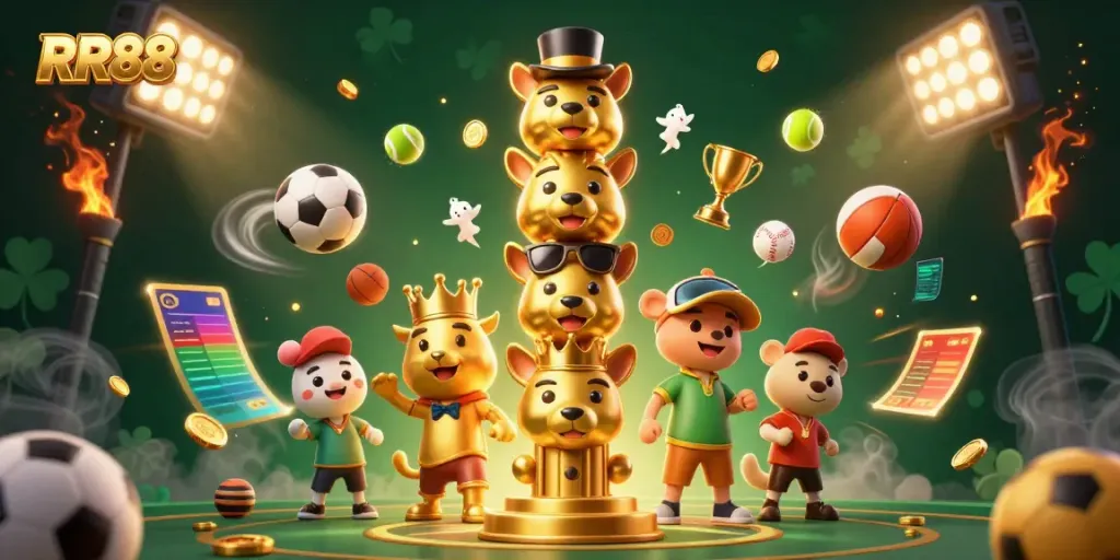 Engage with RR88 through thrilling casino games as animated golden totems showcase unique expressions and lively sports elements.