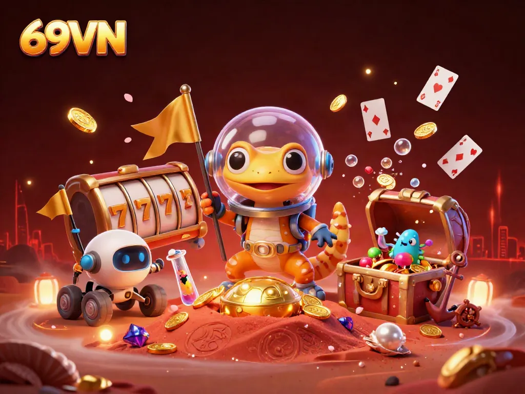 Experience the electrifying 69VN casino adventure with a Martian gecko and vibrant gaming elements.
