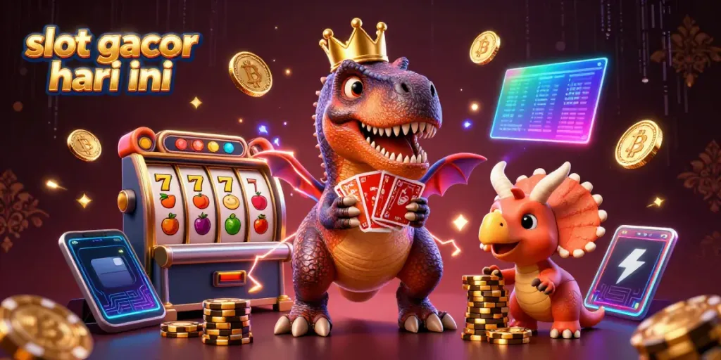 Ilustrasi 3D menunjukkan slot gacor hari ini dengan karakter dinosaurus dan elemen kasino yang dinamis.