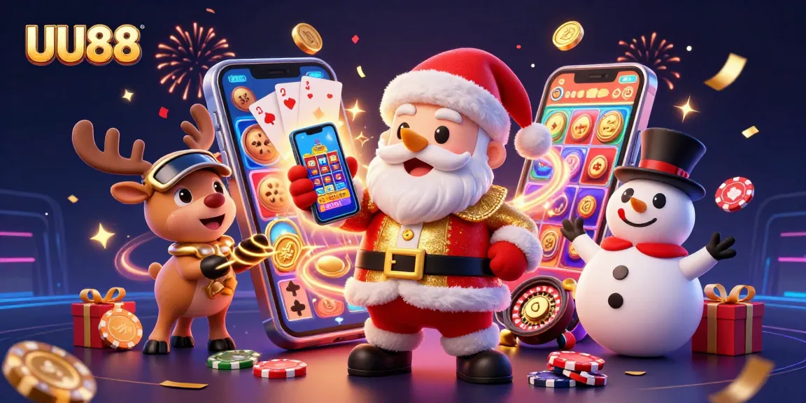 Join the excitement at UU88 with a festive Santa and friends in a dynamic casino scene.