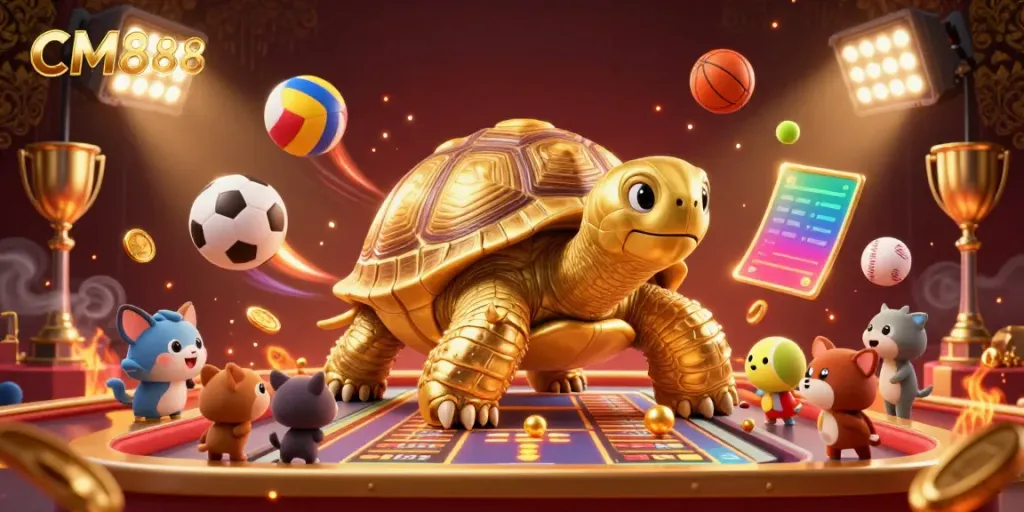 Experience CM888 in a vibrant casino scene with a golden tortoise pinball machine and sports elements.