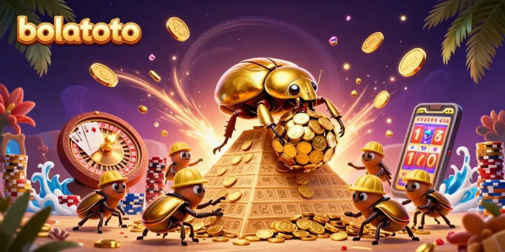 Win big at bolatoto with a massive golden beetle pushing jackpot coins in an energetic casino scene.