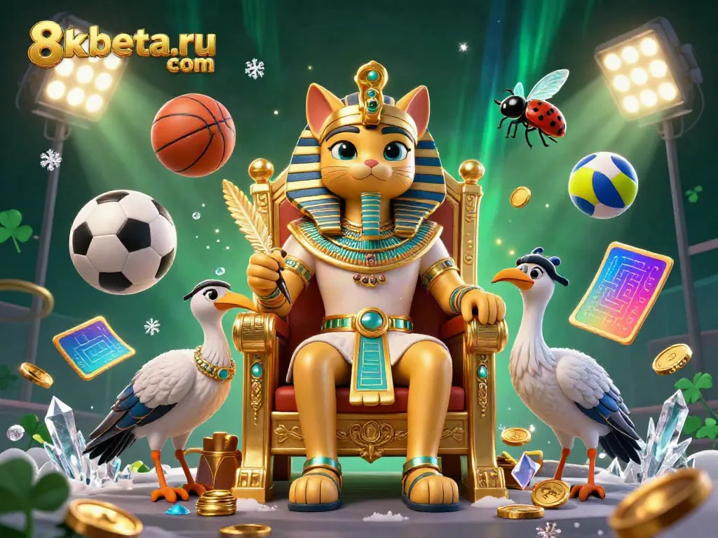 Engaging 3D illustration at 8xbeta.ru com showcases an Egyptian pharaoh cat on a throne surrounded by dynamic sports elements.