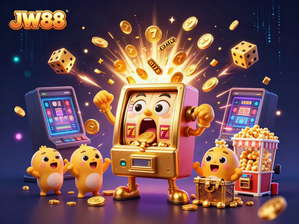 Experience the excitement at JW88 with a dynamic scene featuring a golden slot machine hitting a jackpot.
