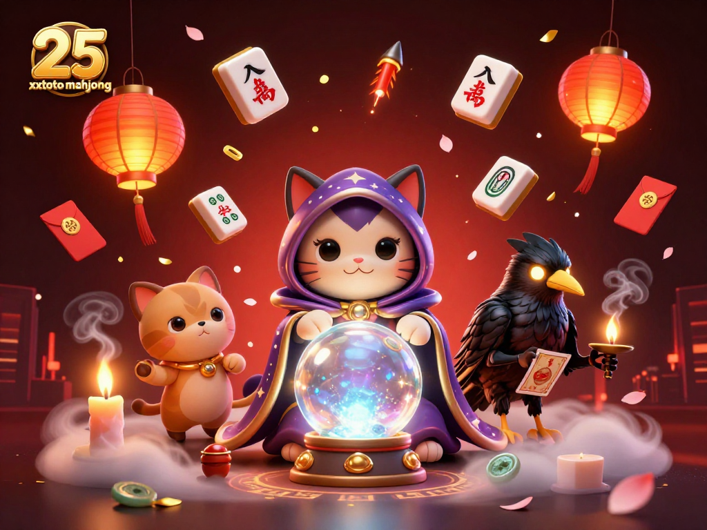 Ikon kasino dengan 25 xxtoto mahjong, kucing mistis, dan elemen keberuntungan lainnya.