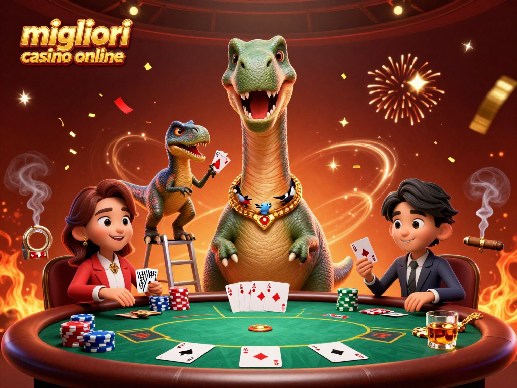 Giocando nei migliori casino online, il brontosauro gigante osserva un tavolo di poker in festa.