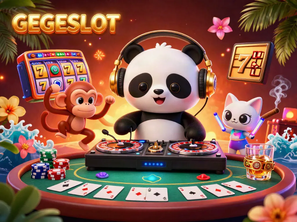 Experience the vibrant energy of GEGESLOT with a DJ panda, dancing monkey, and rave kitten in a rich casino atmosphere.