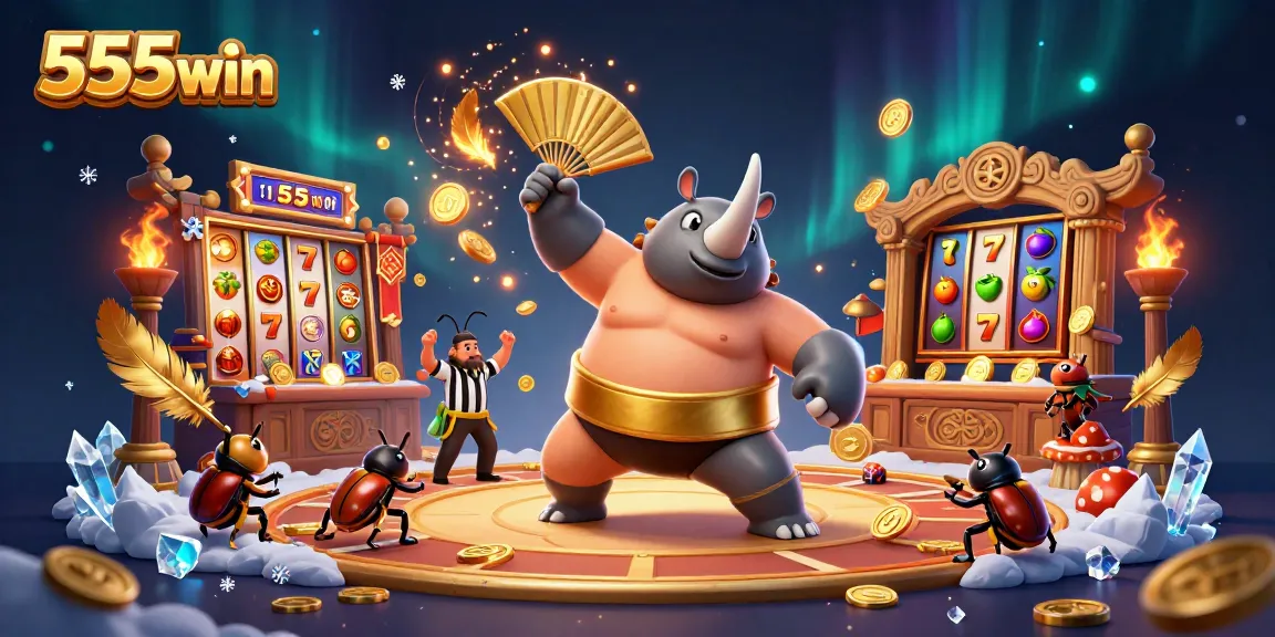 Experience the thrill of 555win casino with a dynamic 3D scene featuring beetles and slot machines.