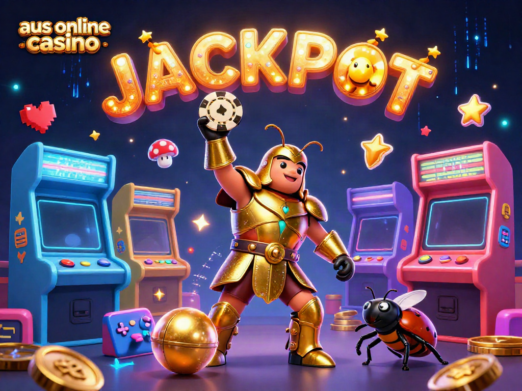 Winning big at aus online casino with a cartoon beetle in gladiator armor celebrating a jackpot