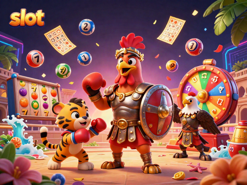 Engage with thrilling slot reels depicted in a vibrant 3D gambling illustration featuring a cartoon rooster and exciting game elements.