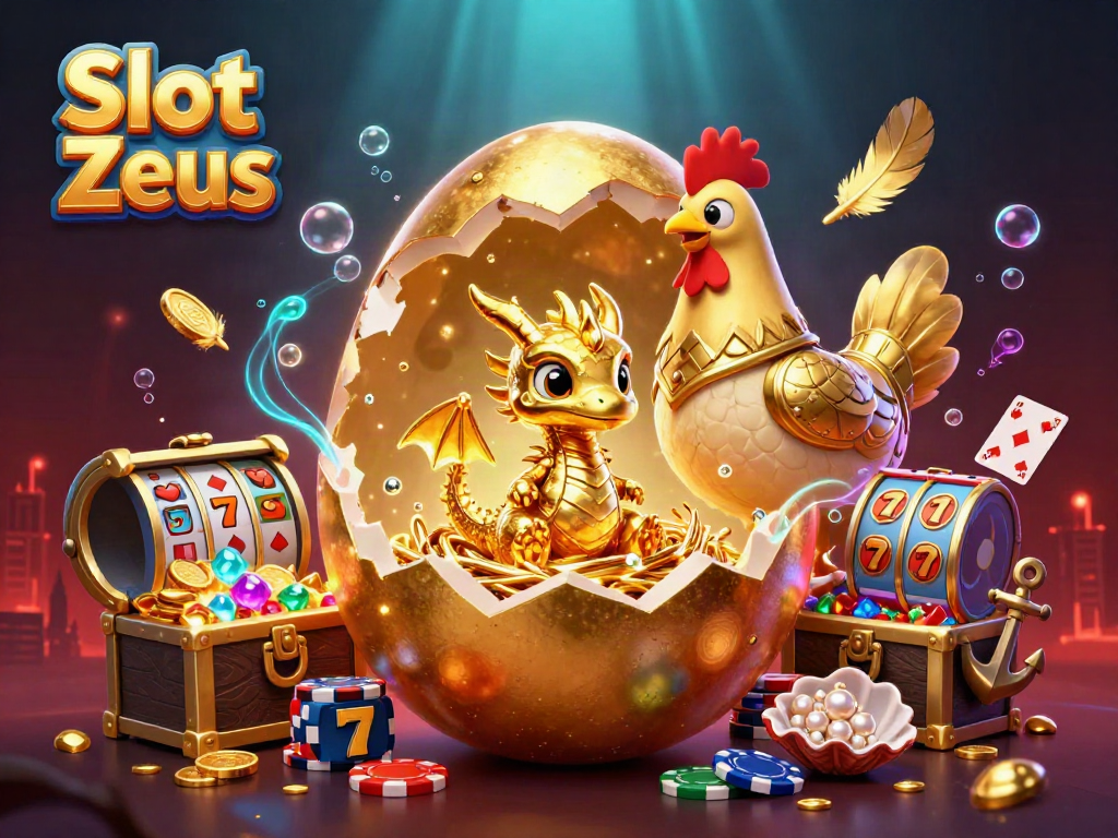 Slot Zeus menampilkan naga emas dan karakter kasino dikelilingi barang keberuntungan dalam suasana cerah.